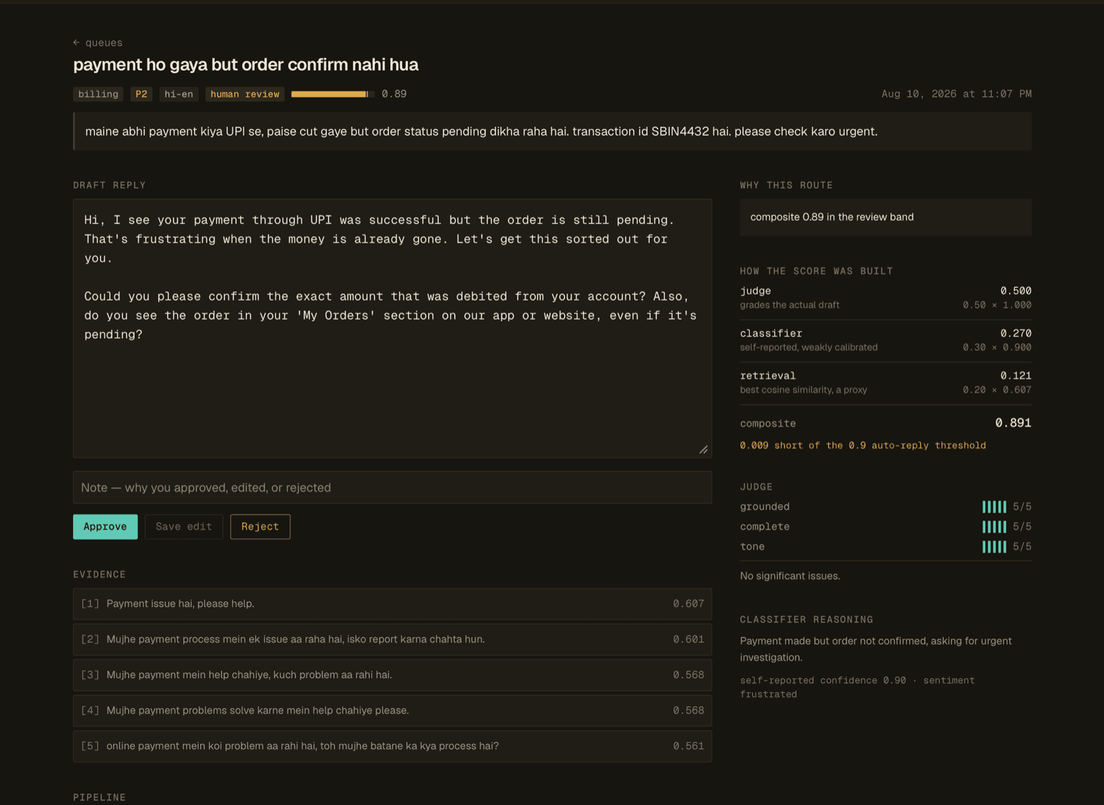 The AI Ticket Triage review screen: a drafted reply beside the resolved tickets it was grounded in