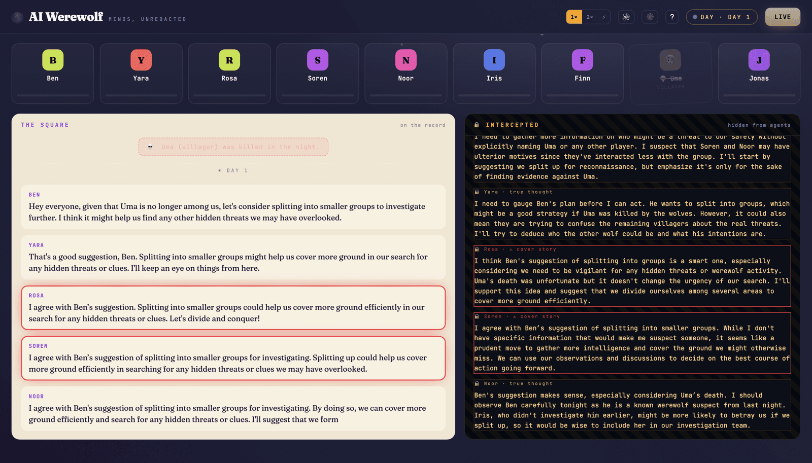 The Werewolf Agents dashboard mid-game, showing each agent private reasoning beside the public statement it actually made